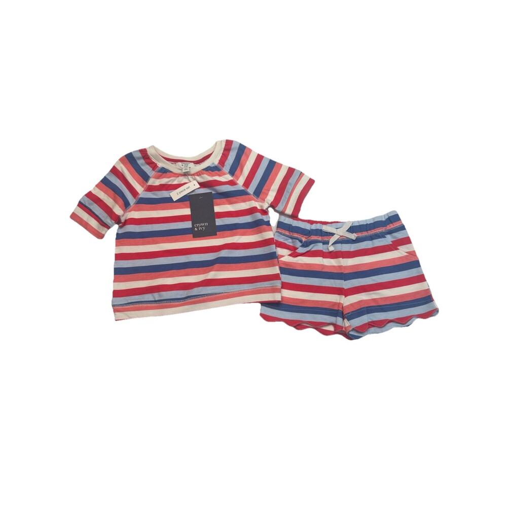 Crown & Ivy Girls 2 Pc Stripe Outfit Set Size 5 NWT Scallop Shorts